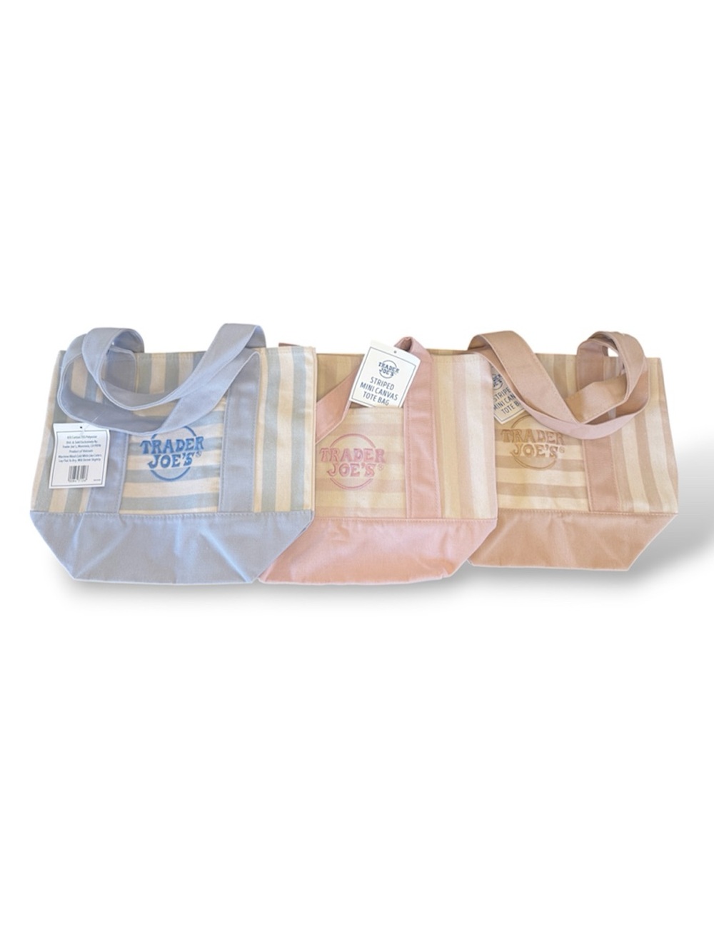 Trader Joe's Striped Mini Canvas Tote Bag Set - Blue, Pink, and Beige (3 Total)